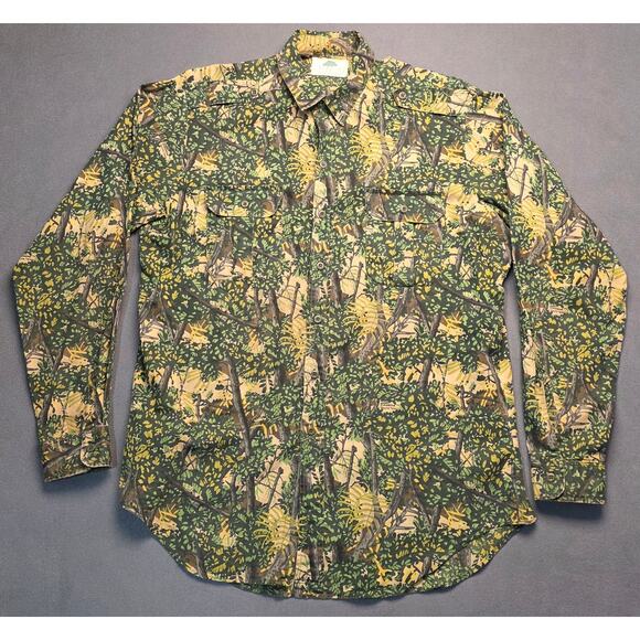 VTG Bushlan '89 Shirt Men Lg South Texas Green Camo Long Sleeve Button Hunting - Picture 1 of 12